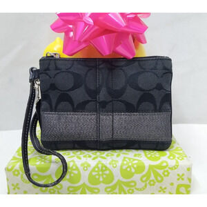 Coach Signature Black Canvas Stripe 65th Ann. Zipper Wristlet - Coin Wallet
